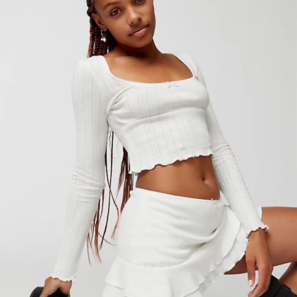 Urban Outfitters White Ribbed Lace-Trim Crop Top